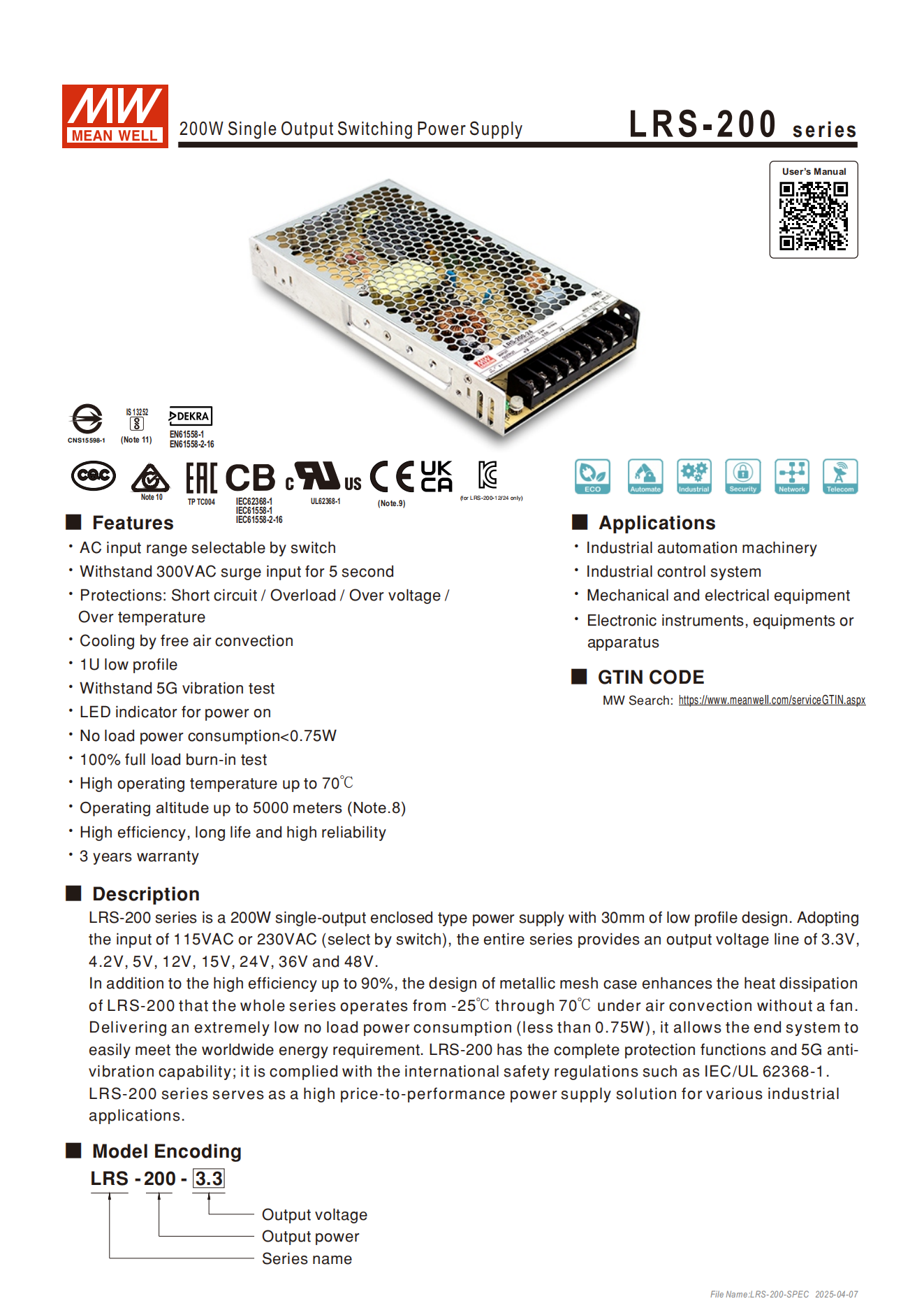มือสอง รุ่นLRS-200 200W บาง ประหยัด LED/CCTV/ป้ายกล่องไฟ/ไฟถนน/Indoor/CNC/ลำโพง/อุตสาหกรรม