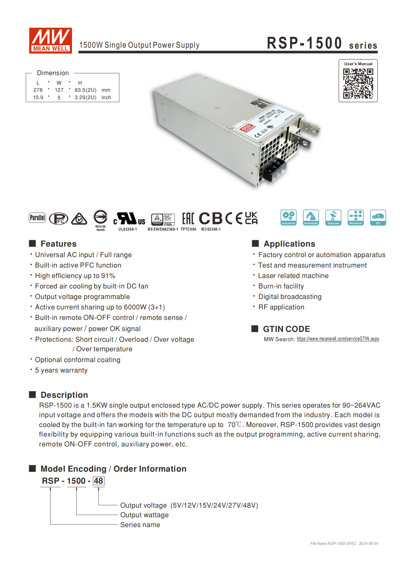 มือสอง รุ่นRSP-1500 1500W PFC control บาง ระดับสูง LED/CCTV/ป้ายกล่องไฟ/ไฟถนน/Indoor/Laser/CNC/ลำโพงระดับสูง/อุตสาหกรรม