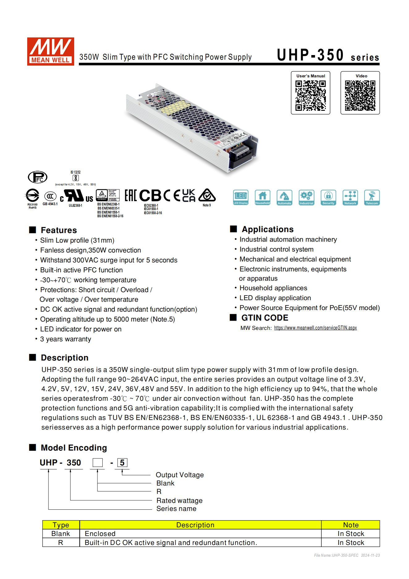 มือสอง รุ่นUHP-350 350W PFC control บาง ระดับสูง LED/CCTV/ป้ายกล่องไฟ/ไฟถนน/Indoor/ลำโพงระดับสูง/อุตสาหกรรม