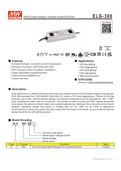 มือสอง รุ่นELG-300 300W กันน้ำ PFC control ระดับสูง LED/CCTV/ป้ายกล่องไฟ/ไฟถนน/Outdoor/ลำโพง/อุตสาหกรรม