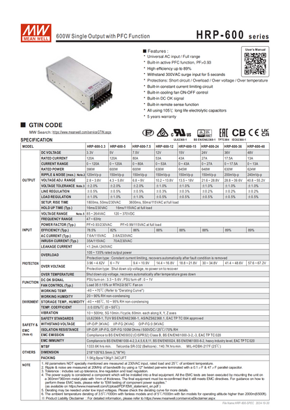 มือสอง รุ่นHRP-600 600W PFC control ระดับสูง LED/CCTV/ป้ายกล่องไฟ/ไฟถนน/Indoor/Laser/CNC/ลำโพงระดับสูง/อุตสาหกรรม