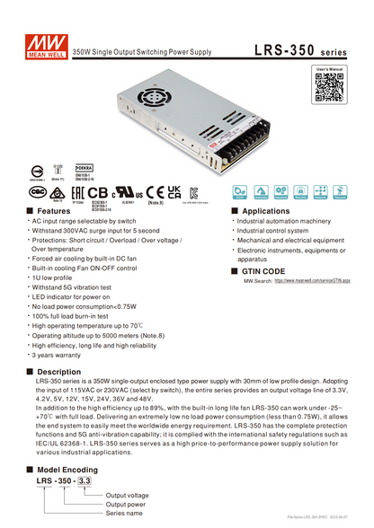 มือสอง รุ่นLRS-350 350W บาง ประหยัด LED/CCTV/ป้ายกล่องไฟ/ไฟถนน/Indoor/CNC/ลำโพง/อุตสาหกรรม