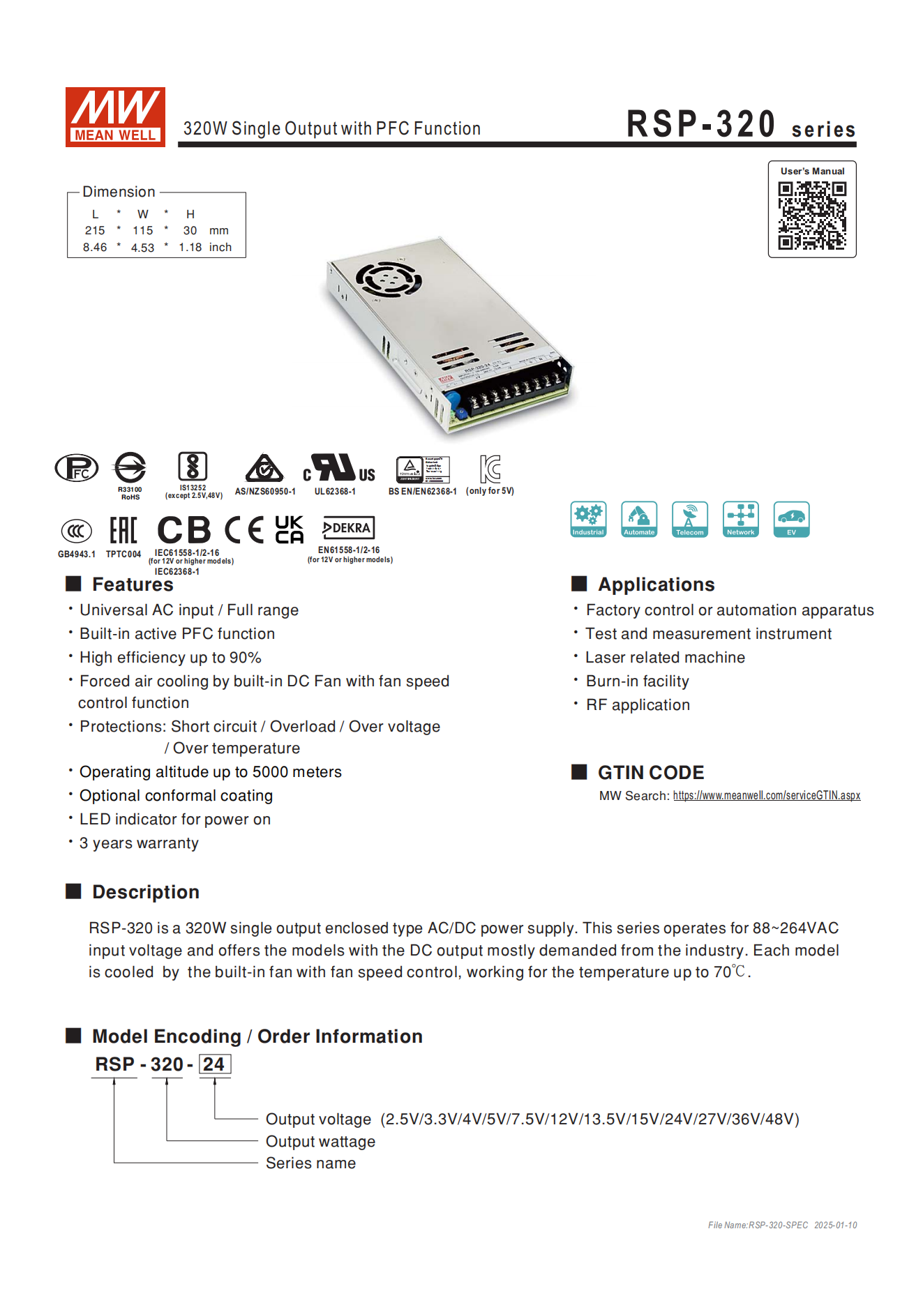 มือสอง รุ่นRSP-320 320W PFC control บาง ระดับสูง LED/CCTV/ป้ายกล่องไฟ/ไฟถนน/Indoor/Laser/CNC/ลำโพงระดับสูง/อุตสาหกรรม