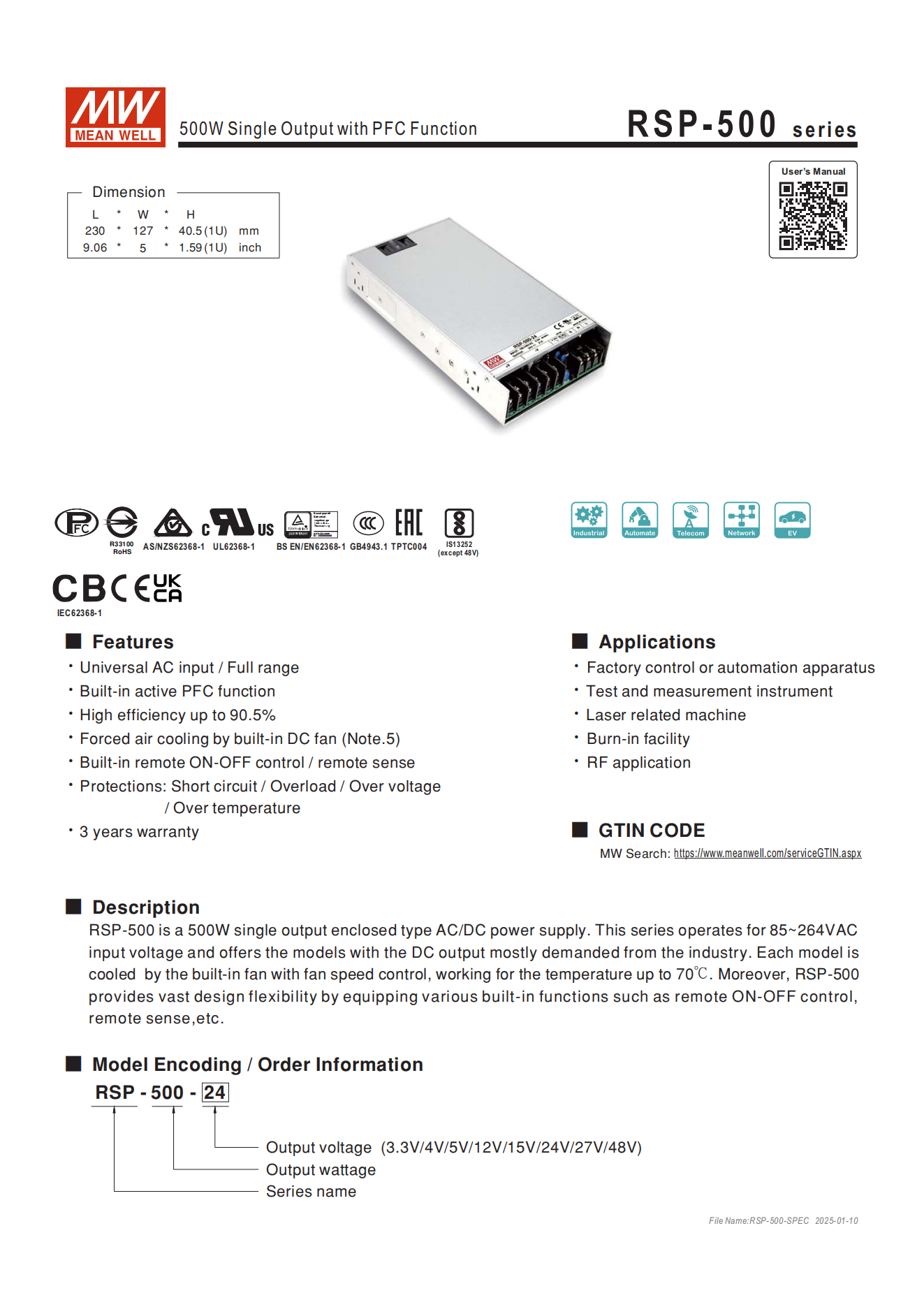 มือสอง รุ่นRSP-500 500W PFC control บาง ระดับสูง LED/CCTV/ป้ายกล่องไฟ/ไฟถนน/Indoor/Laser/CNC/ลำโพงระดับสูง/อุตสาหกรรม