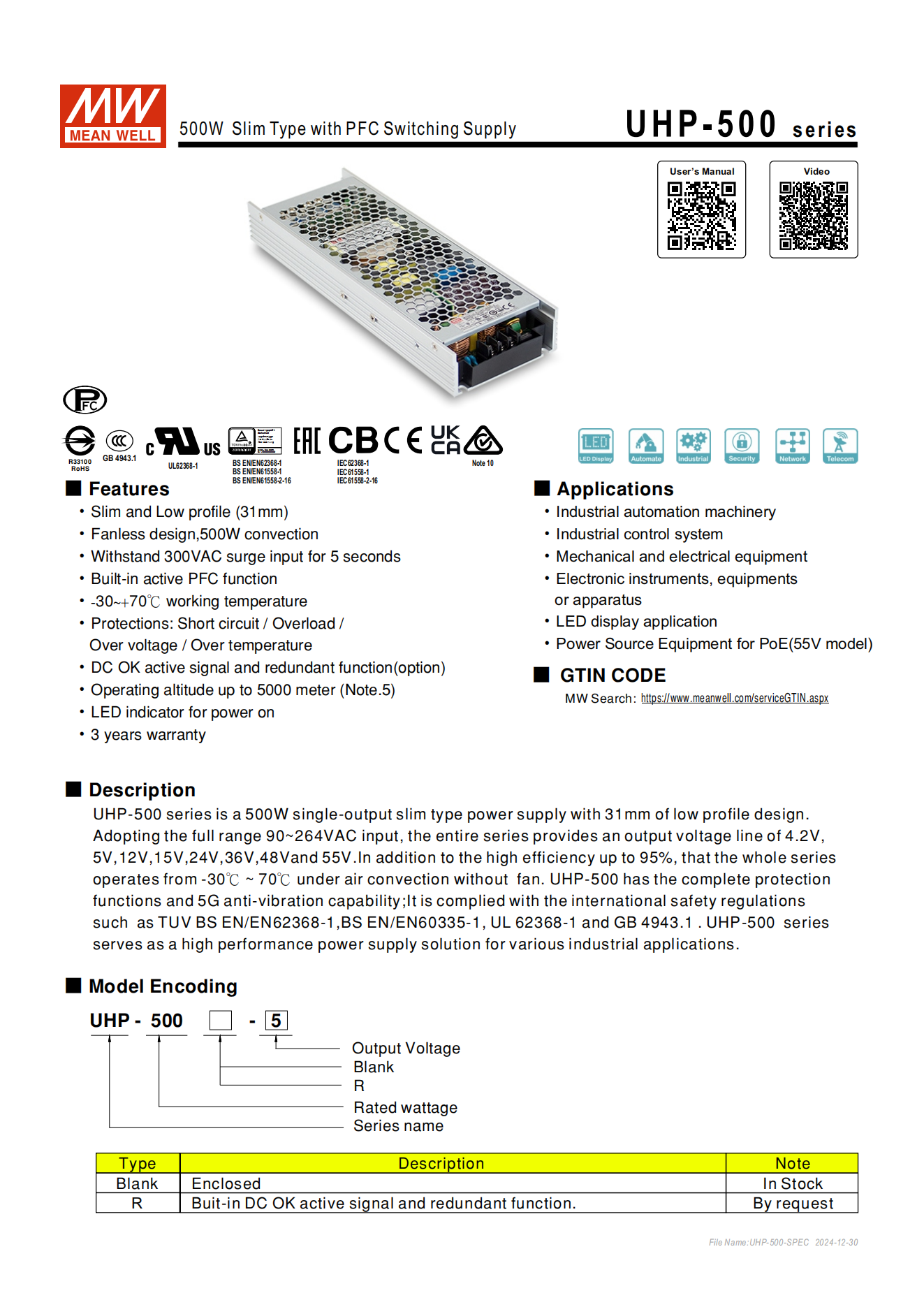 มือสอง รุ่นUHP-500 500W PFC control บาง ระดับสูง LED/CCTV/ป้ายกล่องไฟ/ไฟถนน/Indoor/ลำโพงระดับสูง/อุตสาหกรรม
